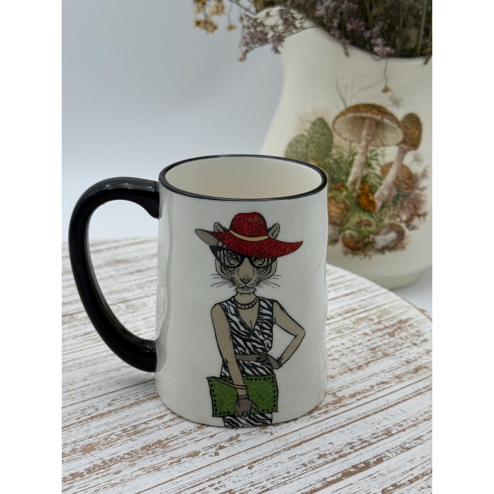 Hipster Tiger Red Hat Animal Coffee Mug 17.5 oz. by Signature Housewares NWOB